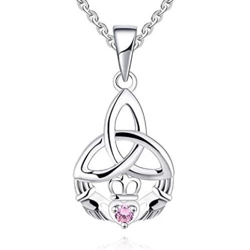 JO WISDOM 925 Sterling Silver Irish Celtic Heart Claddagh Pendant Necklace with Birthstones