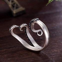 COONLINE Vintage Stainless Steel Octopus Ring for Women Men Adjustable Polished Tentacles Retro Gothic Punk Style Jewelry Silver Black with Velvet Bag