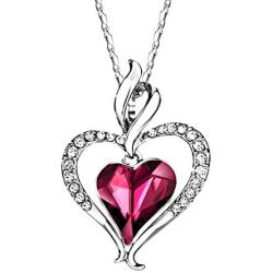 Heart Pendant Necklace - New Heart and Flame Design with Crystals from Swarovski - Womens and Girls Jewelry - Fuchsia Colored Crystal Heart Shaped Pendant Necklace