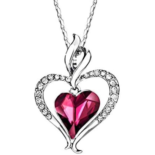 Heart Pendant Necklace - New Heart and Flame Design with Crystals from Swarovski - Womens and Girls Jewelry - Fuchsia Colored Crystal Heart Shaped Pendant Necklace