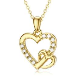 Yafeeso Solid 14K Gold Heart Necklace for Women Girls Double Heart Pendant Necklace for Anniversary Mothers Day Couple Jewelry Gifts for Her, 16+2 Inch