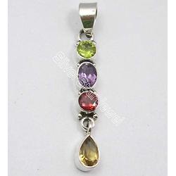 SilverStarJewel Natural Faceted Multistones Long Pendant 1.8'' 925 Solid Silver Art Gemstone