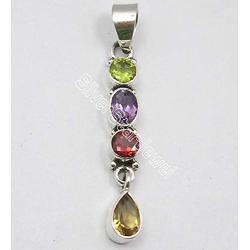 SilverStarJewel Natural Faceted Multistones Long Pendant 1.8'' 925 Solid Silver Art Gemstone