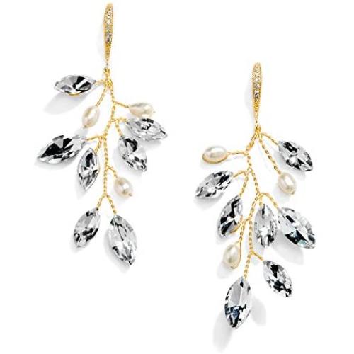 Mariell Bridal and Wedding Gold Handmade Dangle Earrings with Crystal Gems and Petite Freshwater Pearls