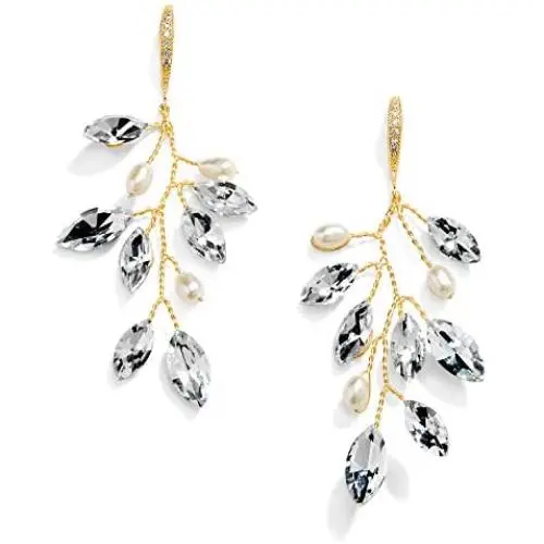 Mariell Bridal and Wedding Gold Handmade Dangle Earrings with Crystal Gems and Petite Freshwater Pearls Mariell Bridal and Wedding Gold Handmade Dangle Earrings with Crystal Gems and Petite Freshwater Pearls