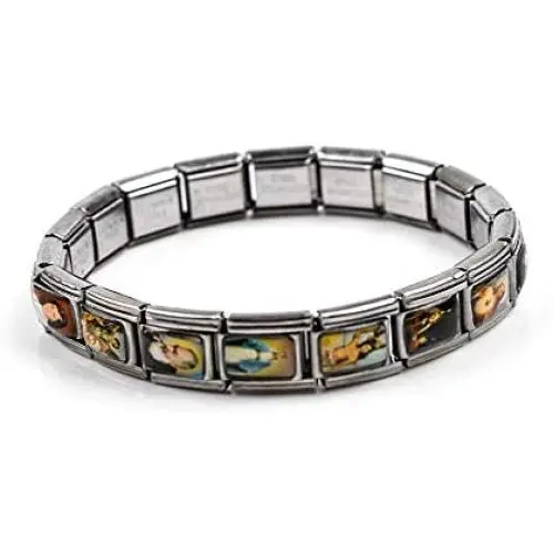 Silver plated Catholic Saints Stretch Wrist Bangle Bracelets with Assorted Color Images of Saints, Jesus and Mary, Stretchable Bracelet I Catholic Gifts Religious unisex bracelet with saints.