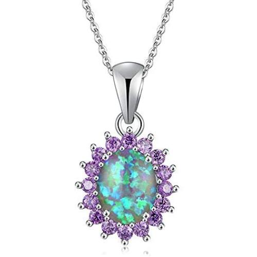 CiNily 14K White Gold Plated Opal Pendant Necklace-Flower/Oval Shap Necklace Gemstone Women Girls Jewelry Gift
