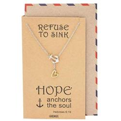 Quan Jewelry Hope Lariat Heart Anchor Necklace, Sailor Seaman Mini Charm Sea Anchor Fashion Jewelry with Inspirational Quote on Greeting Card, Adjustable Chain 16'' to 18''