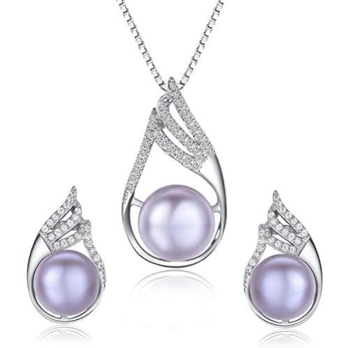 Stunning Flawless Pearl Stud Earrings & Silver Chain Pendant Set| Impeccable Quality Natural, Flawless Freshwater Pearl & 925 Sterling Silver| The Most Unique Fashion Jewelry Set (3 | Purple Pearls)