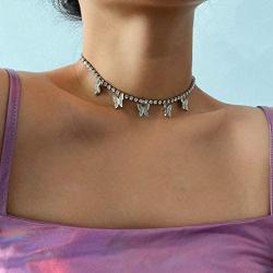 SUNSCSC Dainty Butterfly Choker Necklace Bling CZ Chain Butterfly Pendant Necklace for Women Girl Her Gift