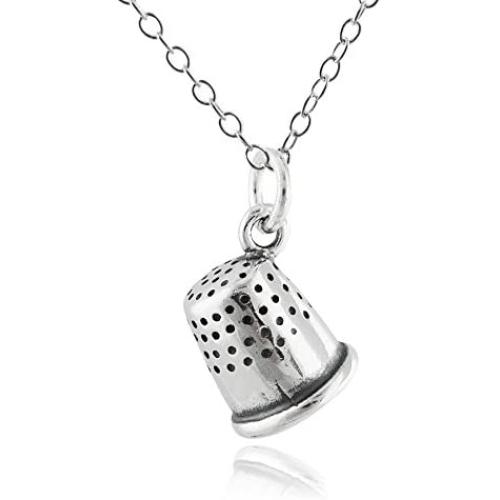 Sterling Silver Small 3D Sewing Thimble Charm Necklace, 18'' Chain