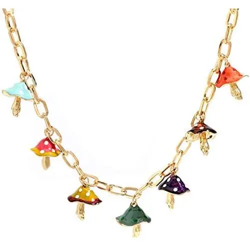 Cute Colorful Chunky Link Chian Enamal Mushroom Choker Necklace 14K Gold Plated Lovely Handmade Rainbow Vegetables Tassel Collar Necklace for Women Girl Plant Food Jewelry Gift Cute Colorful Chunky Link Chian Enamal Mushroom Choker Necklace 14K Gold Plated Lovely Handmade Rainbow Vegetables Tassel Collar Necklace for Women Girl Plant Food Jewelry Gift