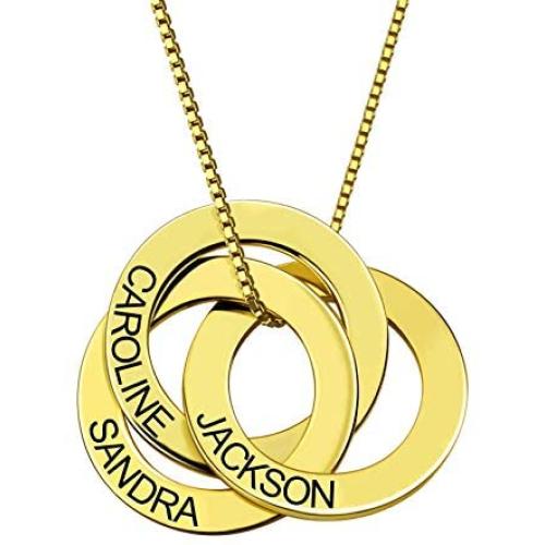 AILIN Personalized Russian Ring Engraved Name Necklace - Personalized 3 Circles Disc Jewelry