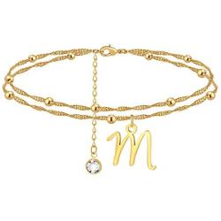 MEMGIFT 18K Real Gold Initial Two Layers Chain Anklets Bracelets for Women Teen Girls Mom Daughter Sister Girlfriend Wife Best Friend Bridesmaid 26 Alphabets A-Z Personalized Summer Beach Jewelry