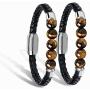 Mens Leather Bracelet with Tigers Eye Gemstone Stainless Steel Leather Braided Bracelet with Magnetic Clasp