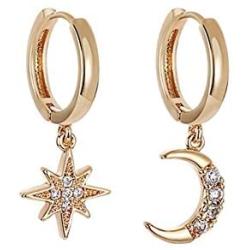 Crystal Moon Star Dangle Hoop Earrings for Women Teen Girls with Charms Asymmetrical Diamond Drop Cute Jewelry Delicate Fashion Birthday Gift Mini