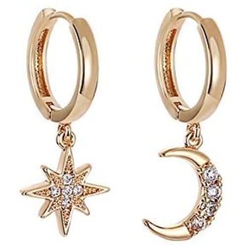 Crystal Moon Star Dangle Hoop Earrings for Women Teen Girls with Charms Asymmetrical Diamond Drop Cute Jewelry Delicate Fashion Birthday Gift Mini