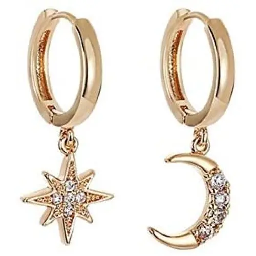 Crystal Moon Star Dangle Hoop Earrings for Women Teen Girls with Charms Asymmetrical Diamond Drop Cute Jewelry Delicate Fashion Birthday Gift Mini