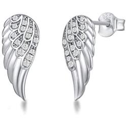 FANCIME Sterling Silver Angel Wing Small Tiny Stud Earring/Pendant Necklace Charm Blue Cubic Zirconia CZ Fine Dinty Jewelry Set Gifts for Women Teen Girls,16+ 2'' Extender