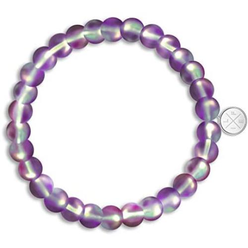 Life Token Shimmer Beads 8mm Glowing Glass Mermaid Moonstone Stretch Bracelet for Women Rainbow Violet Purple