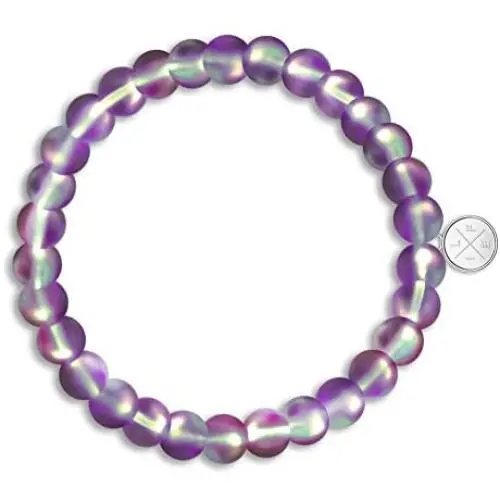 Life Token Shimmer Beads 8mm Glowing Glass Mermaid Moonstone Stretch Bracelet for Women Rainbow Violet Purple
