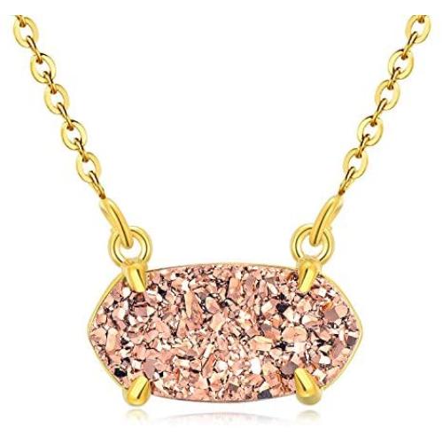 Ellena Rose Dainty Druzy Necklace, 100 Percent Natural Druzy, 14K Gold Plated Oval Druzy Pendant Necklace Women, Druzy Necklaces Women, Genuine Druzy Jewelry