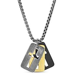 Steve Madden 26'' Tri-Color Stainless Steel Box Chain Open Cross Dogtag Trio Pendant Necklace for Men