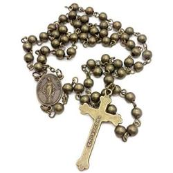 Nazareth Store Metal Beads Combat Rosary Necklace St Therese Virgin Of The Smile Medal with Crucifix Vintage Design - Velvet Bag