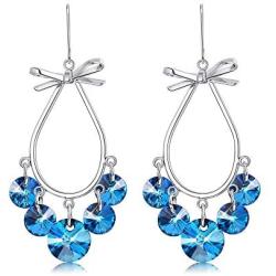 Sllaiss Blue Teardrop Dangle Earrings S925 Bow Earrings for Women with Swarovski Crystals Drop Earrings Stylish Jewelry Gifts