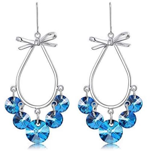Sllaiss Blue Teardrop Dangle Earrings S925 Bow Earrings for Women with Swarovski Crystals Drop Earrings Stylish Jewelry Gifts