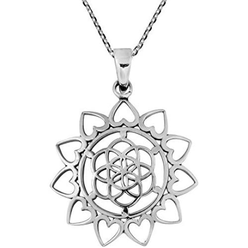 AeraVida Sacred Geometry Lotus Flower of Life Heart Sterling Silver Necklace