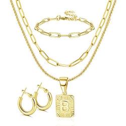 ORAZIO Initial Letter Pendant Necklace Mens Womens Thick 14K Gold Plated Hoop Earrings for Women Paperclip Chain Link Choker Necklace and Link Bracelet Set Gold Plated Jewelry Set for Women