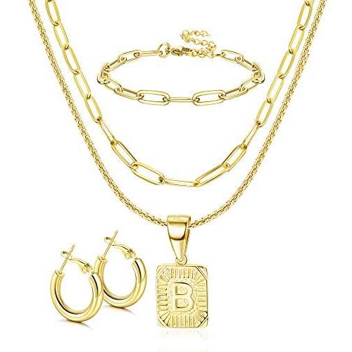 ORAZIO Initial Letter Pendant Necklace Mens Womens Thick 14K Gold Plated Hoop Earrings for Women Paperclip Chain Link Choker Necklace and Link Bracelet Set Gold Plated Jewelry Set for Women
