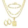 ORAZIO Initial Letter Pendant Necklace Mens Womens Thick 14K Gold Plated Hoop Earrings for Women Paperclip Chain Link Choker Necklace and Link Bracelet Set Gold Plated Jewelry Set for Women