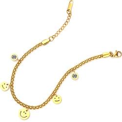 KINSNG Chain Bracelet for Women, 18k Gold Plated Durable Link Cute Smiley Bracelet for Women Girls Men