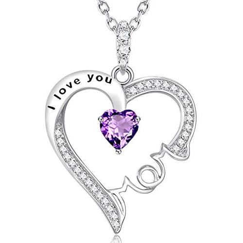 Birthday Gifts for Mom Sterling Silver I Love You Mom Necklace March April Birthstone Aquamarine Simulated Diamond Garnet Amethyst Necklace