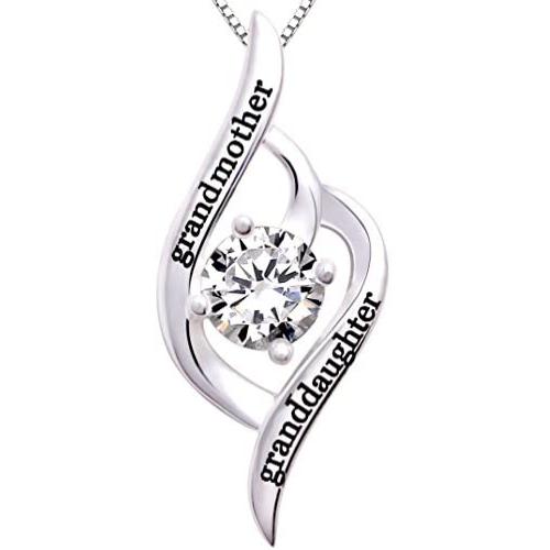 ALOV Jewelry Sterling Silver Grandmother Granddaughter Love Cubic Zirconia Pendant Necklace