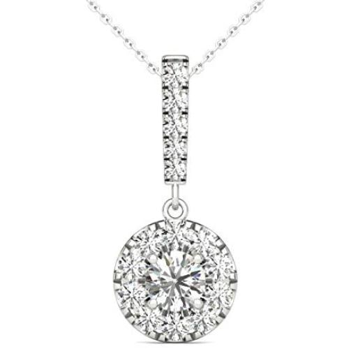 Vaarya 14K White Gold Diamond Halo Stick Pendant Necklace (3/4 Ct tw, AGS Certified GH+/SI2-I1+)