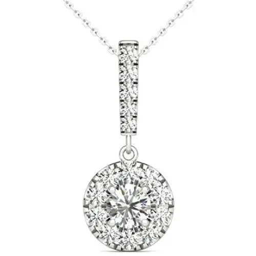 Vaarya 14K White Gold Diamond Halo Stick Pendant Necklace (3/4 Ct tw, AGS Certified GH+/SI2-I1+)