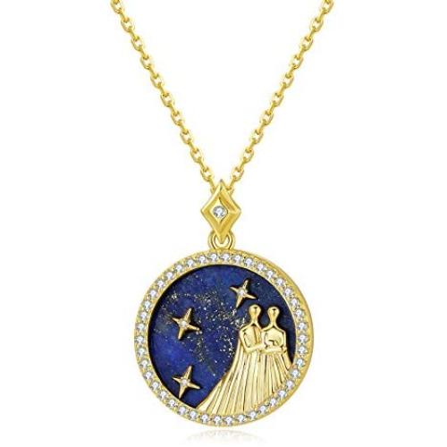 SISMIURRA Zodiac Coin Pendant Necklace 18K Gold Plated Lapis Lazuli 5A CZ 12 Constellation Necklace Personalized Jewelry for Women