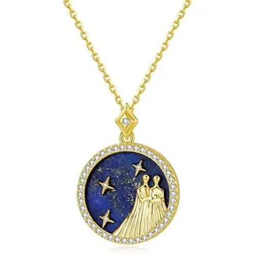 SISMIURRA Zodiac Coin Pendant Necklace 18K Gold Plated Lapis Lazuli 5A CZ 12 Constellation Necklace Personalized Jewelry for Women