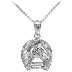 Textured 925 Sterling Silver Good Luck Horseshoe Charm Horse Head Pendant Necklace