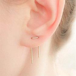 Minimalist double Piercing Earrings for Women Girls Men S925 Sterling Silver Bar Threader Dangle Drop Stud Tragus 2 Hole Lobe Bended Hook Fashion Personalized Hypoallergenic Jewelry Gold Plated