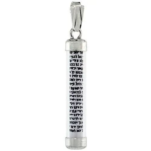 Sterling Silver Mezuzah Scroll Necklace in Tubular Glass Case 1 5/16 inch with 1mm Box Chain 16-30 inch Sterling Silver Mezuzah Scroll Necklace in Tubular Glass Case 1 5/16 inch with 1mm Box Chain 16-30 inch