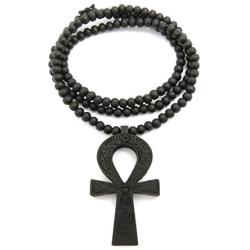 Fashion 21 Egyptian Ankh Cross Pendant 6mm 27'' Stretchable Wooden Bead Necklace (3 Colors Available)