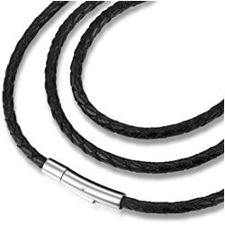 jonline24h Mens Womens Black Braided Leather Cord Rope Necklace Chain Stainless Steel Clasp 4mm 14-30inch