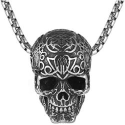 AsAlways Mayan Skull Head Pendant Engraved with Mysterious Ancient Symbols Stainless Steel Evil Rider Motorcycle Necklace