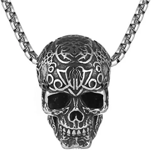 AsAlways Mayan Skull Head Pendant Engraved with Mysterious Ancient Symbols Stainless Steel Evil Rider Motorcycle Necklace