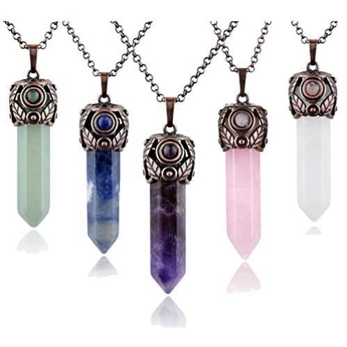 5pcs Crystal Necklace Natural Reiki Healing Crystal Stone Pendant with Chain Amethyst Pink Quartz Aventurine Gemstone Quartz Necklace Chakra Yoga Pendulum Divination Energy Pendant Jewelry Gift