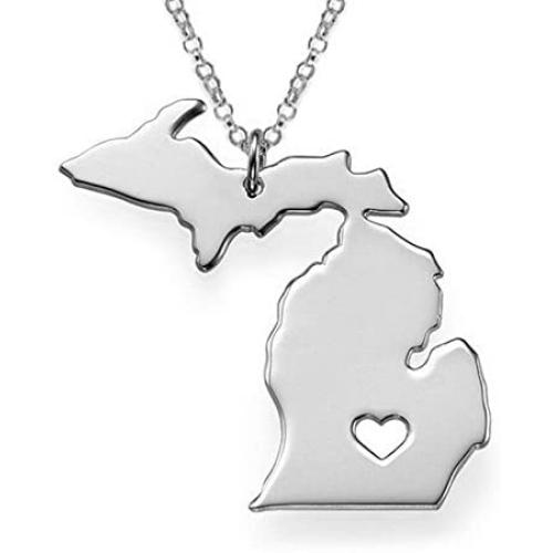 1pcs/lot Stainless Steel Michigan Map Charm Pendant Necklaces with a Heart (Silver)